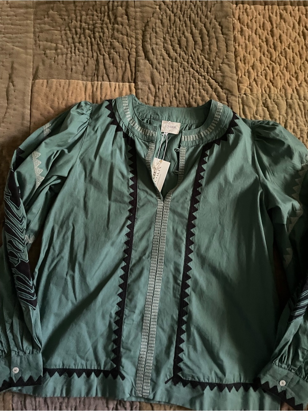 Sommer HelenEmbroidered Teal Green Peasant Blouse Medium
